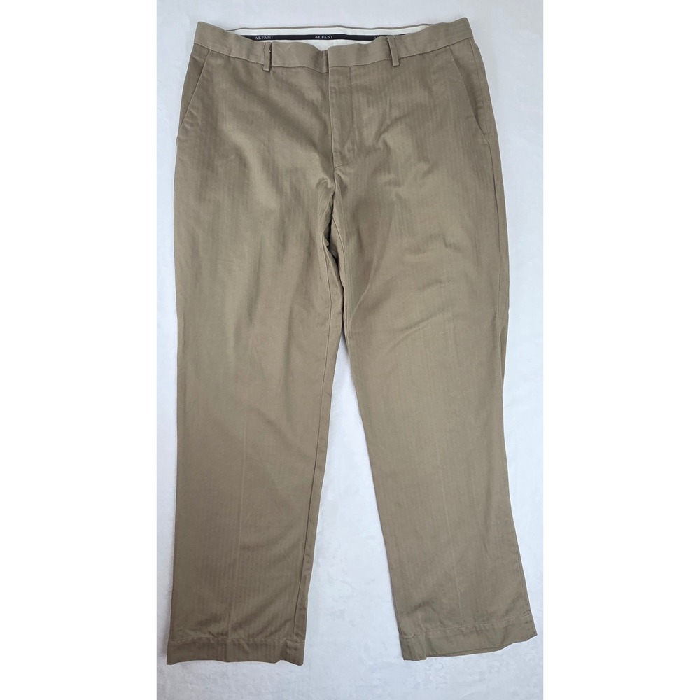 Alfani Men Khaki Herringbone Dress Pants 38x32 Flat Front 100% Cotton Tan Chinos